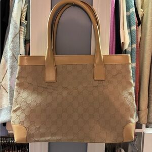 Gucci Tan Monogram GG Tote Bag Vintage canvas with leather trim